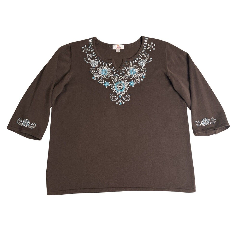 Quacker Factory Top Womens XL Brown Beaded Turquoise Southwestern Western Boho